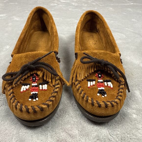 Minnetonka Thunderbird Moc Suede Moccasins Sz 9 Beaded Brown Slip On Slipper - Picture 5 of 11